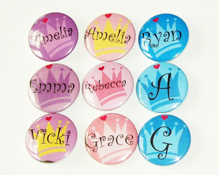 Pinback button badges - Princess / Prince Crowns name badges - 3 sizes