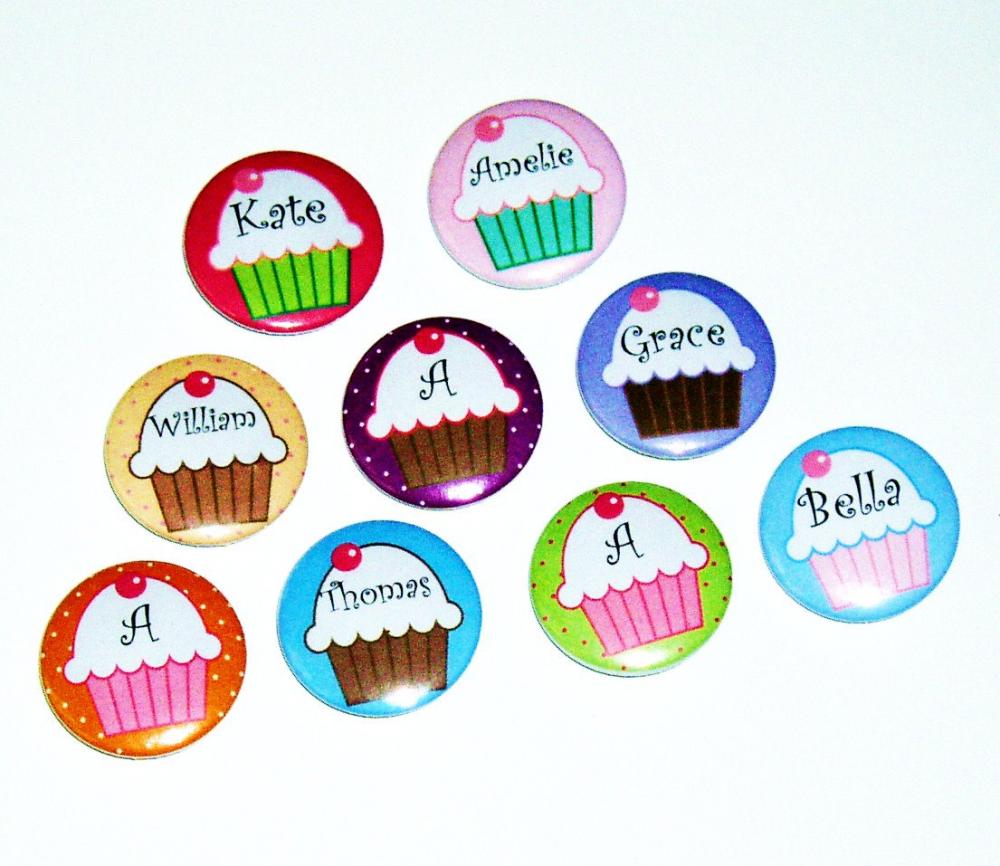 Pinback button badges - Cupcake name badges - 3 sizes